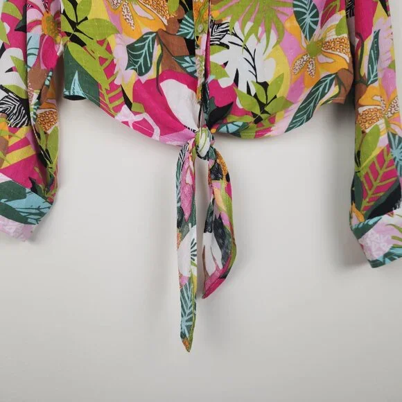 Rachel Roy Size S Colorful Floral Tropical Print Tie Hem Long Sleeve Top Blouse - Picture 3 of 10